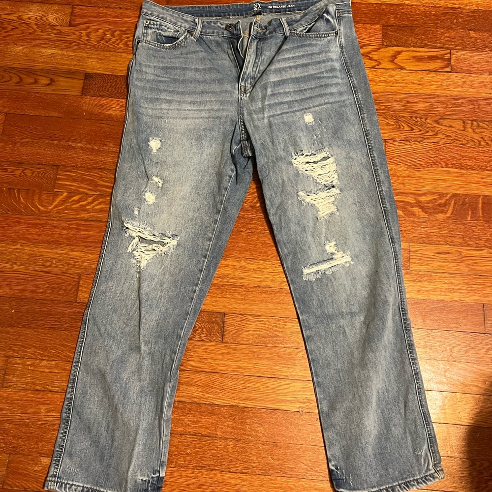 NY & Company High-Waisted Distressed Relaxed Straight Jeans - Medium Blue Wash